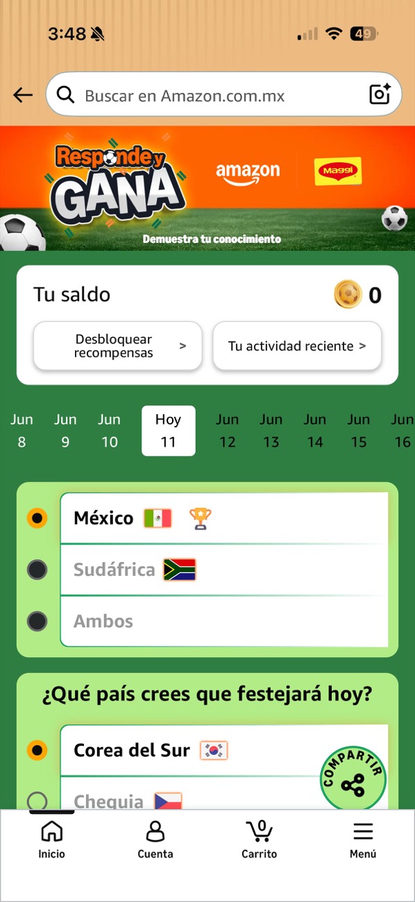 Pantalla de la dinámica Responde y Gana de Amazon y Maggi en la app de Amazon